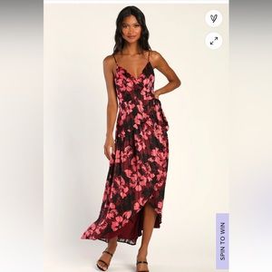 Lulus Winning Your Heart Burgundy Floral Lurex Wrap Midi Dress